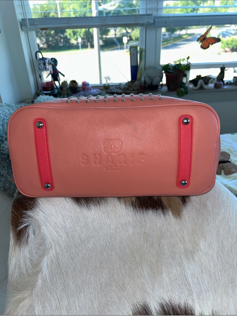 Sharif NWT Coral Pink Studded Tote with Leather Studded Strap and Chain Straps - Picture 9 of 12